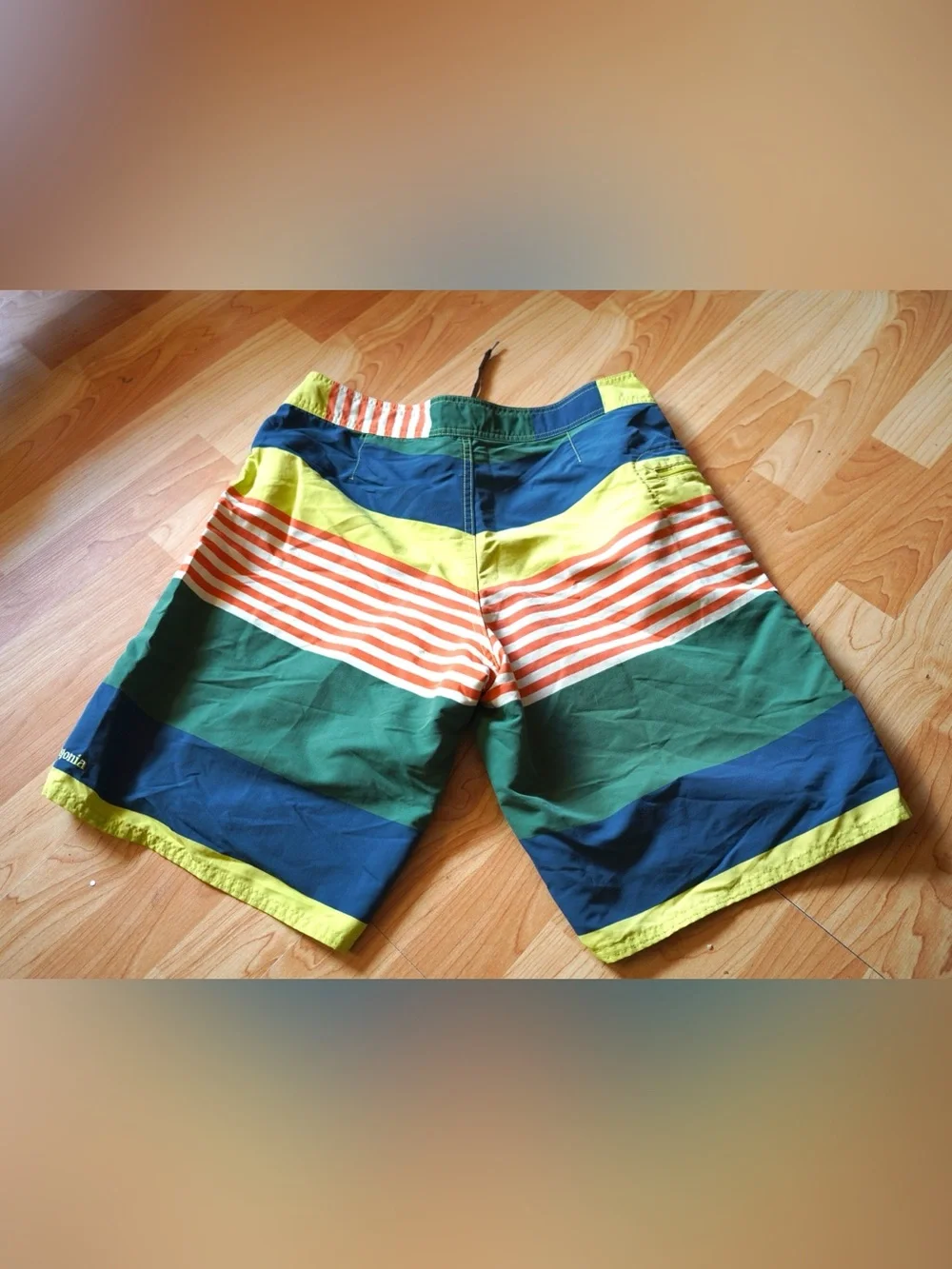 Patagonia  Boardshorts Mens 31 Green Orange Stripe Stretch Wavefarer Swim Trunks